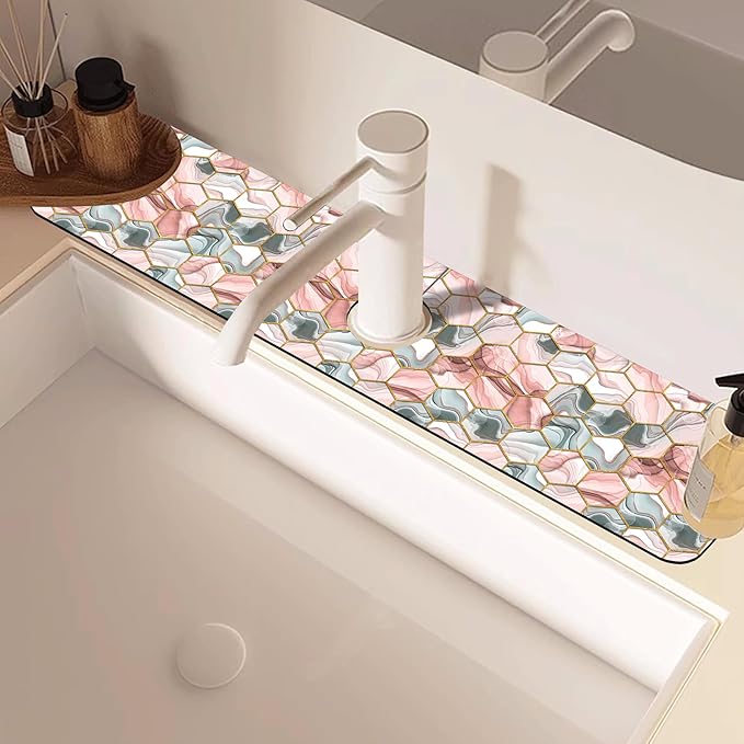 Abstract Gray and Red Hexagon Sink Faucet Absorbing Mat Sink Splash Guard Faucet Mat Draining Mat Fast Drying Sink Protectors for Kitchen and Bathroom 5.5"×24"