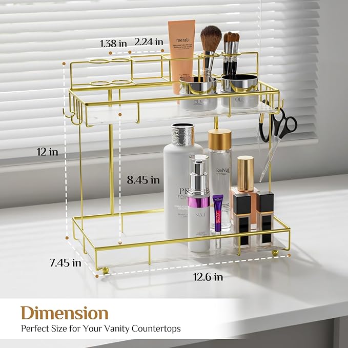 Megier 2 Tier Golden Bathroom Organizer Countertop, Small Countertop Organizer for Bathroom Decor, Kitchen Counter Shelf for Spice Rack and Snack, Vanity Makeup Organizers and Storage Tray for Bedroom