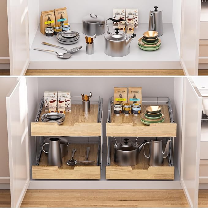 Sikarou Pull Out Cabinet Organizer,Heavy-Duty Slide Out Shelf, Wood and Wire Basket, Pull Out Drawer for for Kitchen Under Sink Space, Pantry, Bathroom, 2 Tie 20 * 21 in