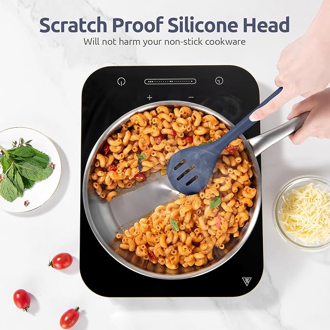 600ºF Heat Resistant Silicone Spoons: U-Taste 13.3in Solid & Slotted Kitchen Cooking Spoon, Nonstick Long Rubber Utensil, Sturdy for Mixing, Serving, Stirring, Draining (Midnight Blue, 2PCS)