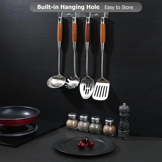 Barenthal Cooking Utensil Set - 304 Stainless Steel Kitchen Utensils Sets with Wood Handle Cookware Set Utensils kitchen tool set Dishwasher Safe- Slotted Spatula, Pasta, Spoon, Soup Ladle Set 4pc