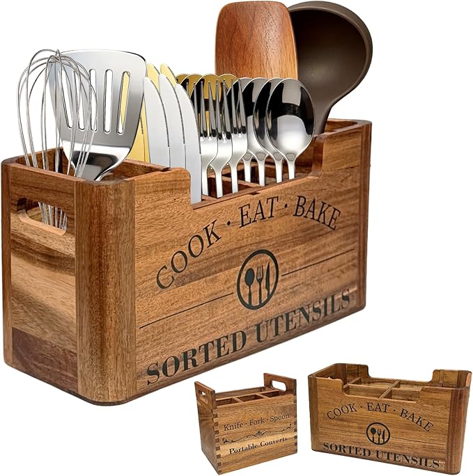 2-in-1 Upgraded Design Kitchen Utensil Holder,Acacia Wood Utensil Holder for Kitchen Counter, Large Utensil Holder with Removable Portable Organizer for Classified Storage,Ideal for Kitchen Use