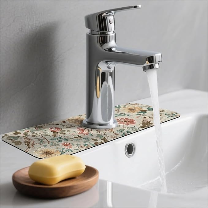 Kitchen Sink Splash Guard，Charming flowers Faucet Mat Sink Gadgets-Super Absorbent Fast Drying Mat Drip Catcher for Kitchen, Bathroom,Sink Mat, Dish Drying Mat, Bathroom(15" X 5.5" )