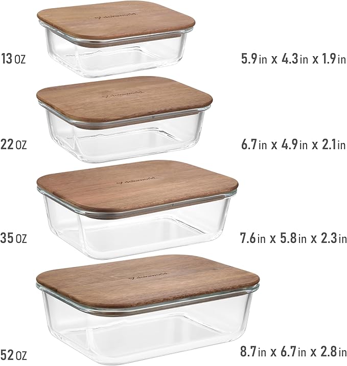 dokaworld Glass Tupperware Set with Acacia Lids - 4 Stackable Meal Prep Containers. Durable heat resistant Inert Borosilicate Glass