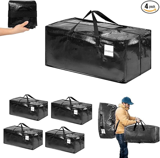 CHVEGLUZ 4 Packs Moving Bags Heavy Duty Extra Large,Storage Bags with Zipper&Handles, Sturdy&Durable Clothes Storage Bags Totes for College Dorm Essentials, Moving Boxes for College Supplies, Black