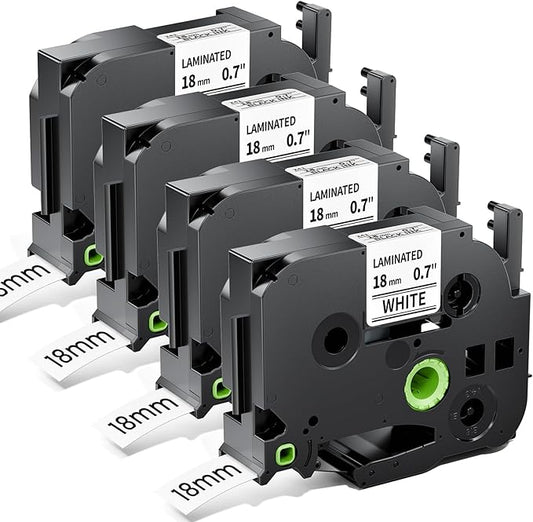 TZe-241 TZe241 Replacement for Brother P Touch Label Maker Tape 18mm TZe TZ Tape 18mm 0.7 Inch Laminated White, Compatible with PT-D410 PT-D400 PT-D460BT PT-D600 PT-D610BT PT-P700, 3/4 Inch, 4-Pack