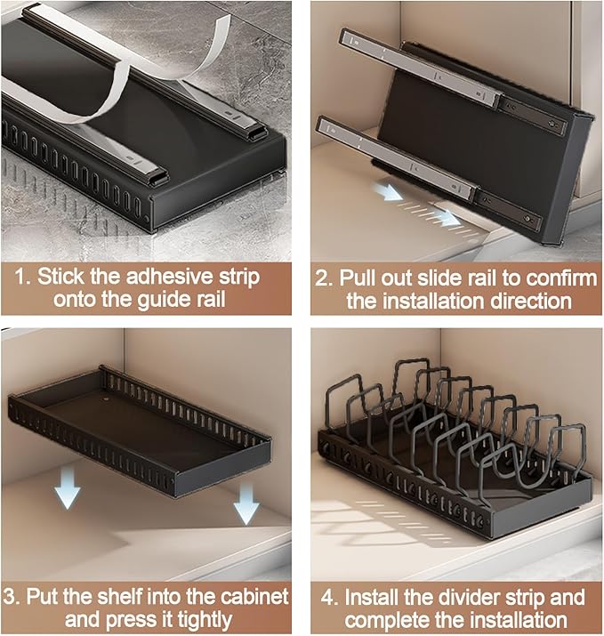 2 Pack Pots and Pans Organizer Under Cabinet, Sliding Pot Lid Holder and Pan Rack in Kitchen, Pull out Pot and Pan Organizer, for Pot Lid, Bakeware, Dishes, Pots and Pans Storage