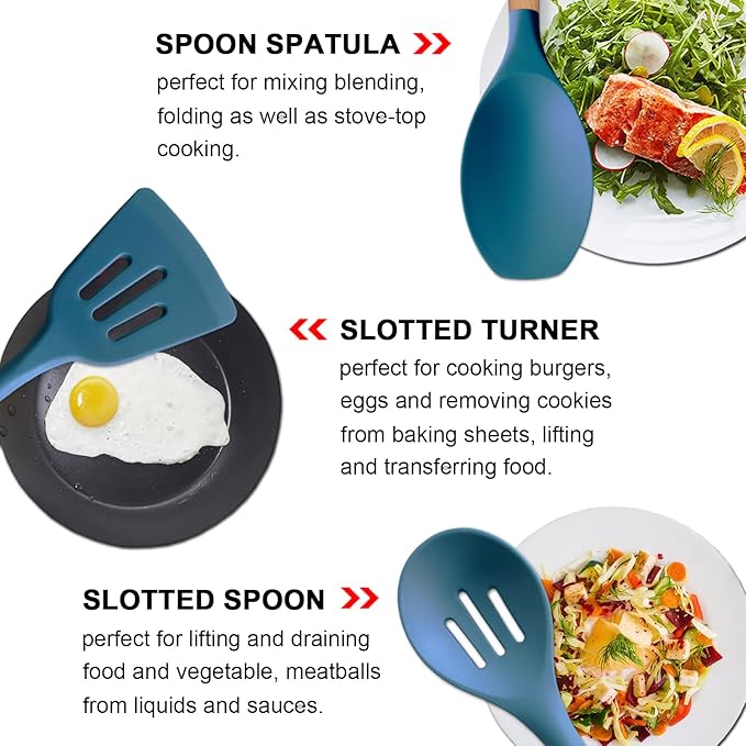 IOCBYHZ Silicone Cooking Utensils Set 6Pcs Heat Resistant Silicone Kitchen Utensils Set for Cooking Spatula Spoon Turner Ladle w Wooden Handle, BPA FREE Kitchen Gadgets for Nonstick Cookware & Baking