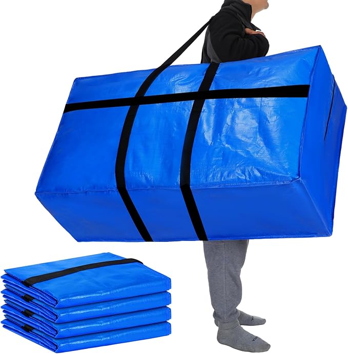Windyun 4 Pack 75 Gallon Extra Large Moving Bags XXL Heavy Duty Storage Bag with Strong Zipper Handle Jumbo Big Tote Box Foldable for College Dorm Travel Clothes Duffle Blanket Pillow(Blue)