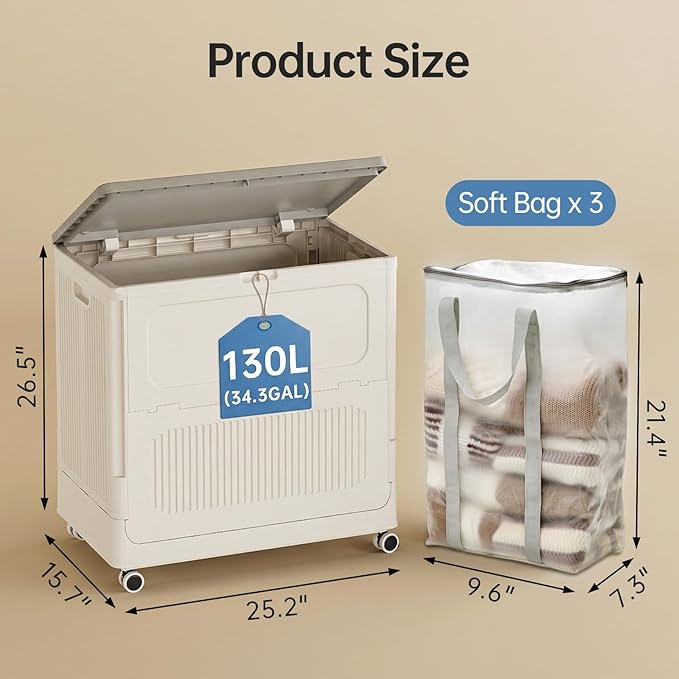 HAIXIN HOME 130L Stackable Storage Bin with 3 Storage Bags for Sorting and Organization, Foldable Storage Box with Wheels, Large Blanket Storage Container for Comforters, Bedding, Seasonal Clothing
