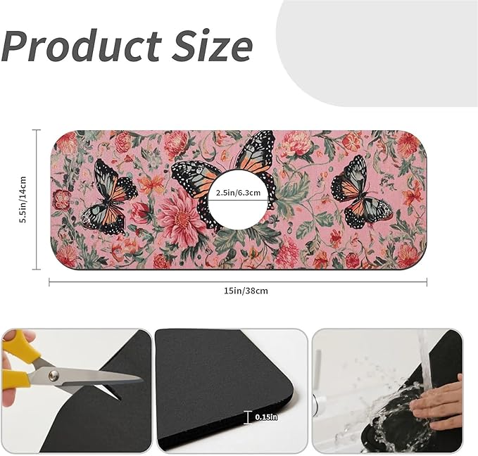 Kitchen Sink Splash Guard，Pink butterfly flower Faucet Mat Sink Gadgets-Super Absorbent Fast Drying Mat Drip Catcher for Kitchen, Bathroom,Sink Mat, Dish Drying Mat, Bathroom(15" X 5.5" )