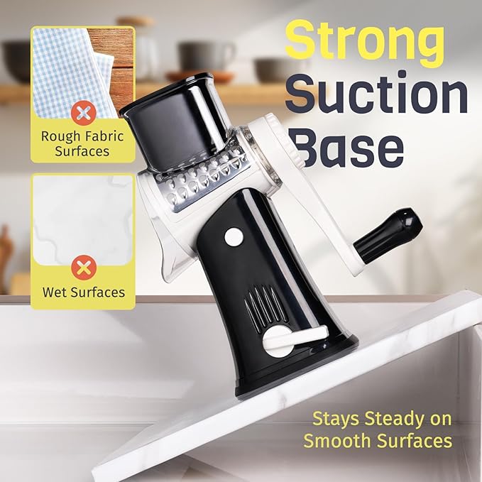 Nexsujo 5-in-1 Rotary Cheese Grater Hand Crank, Vegetable Slicer Shredder with 5 Interchangeable Blades, Graters for Kitchen, Safe Kitchen Tool for Cheese, Nuts, Chocolate, Black