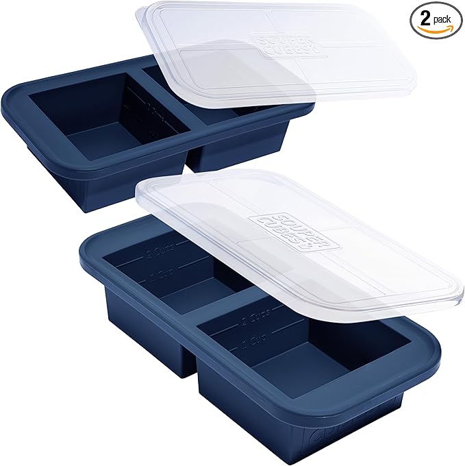 Souper Cubes 2 Cup Silicone Freezer Molds with Lids – Soup Cubes for Freezing Lasagna, Leftovers, Soups, Sauces, Casseroles, Meal Prep Meals and More – Blueberry 2-Pack