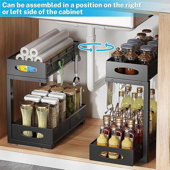 WROBTLD Under Sink Organizer, 2-Tier Pull Out Cabinet Organizer with Adjustable Height, Use in Kitchen Bathroom Cabinet and Countertop Storage, Black