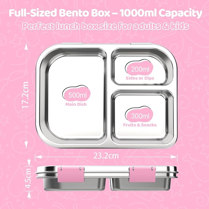 Stainless Steel Bento Box for Kids 1000ml - 3 Compartment Lunch Box for Adults, Leakproof Food Container, BPA-Free Metal Lunch Box with Silicone Seal, Eco-Friendly/Dishwasher Safe (Pink)