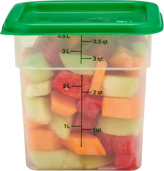 Cambro Food Storage Container with Lid (Microwave Safe and BPA-Free) - 2 Pack - Classic Series Square with Green Lid - 4 QT (Quart) - Commercial Grade for Food Prep (Translucent)