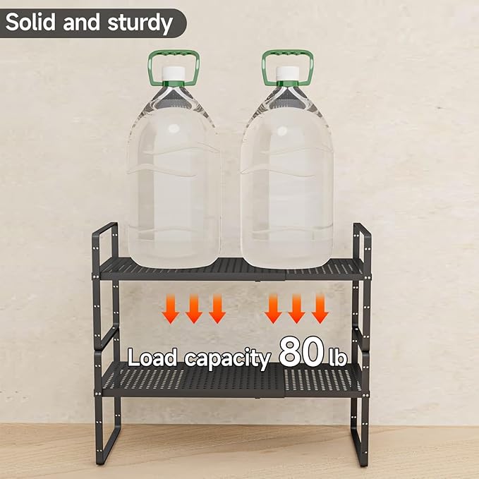 DPZM 2Pack 16.5-27’’L Expandable Cabinet Countertop Shelf Organizer, Stackable Metal Shelves, Kitchen Organizers and Storage, Black Storage Spice Rack for Pantry and Cupboard