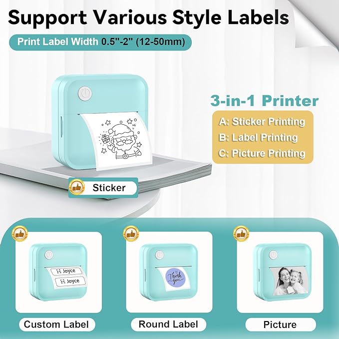 Label Maker Machine with Tape - Inkless Mini Bluetooth Label Printer with Multiple Templates, Wide Waterproof Labels, Portable Thermal Sticker Labeler for School Home Office Kitchen Organization