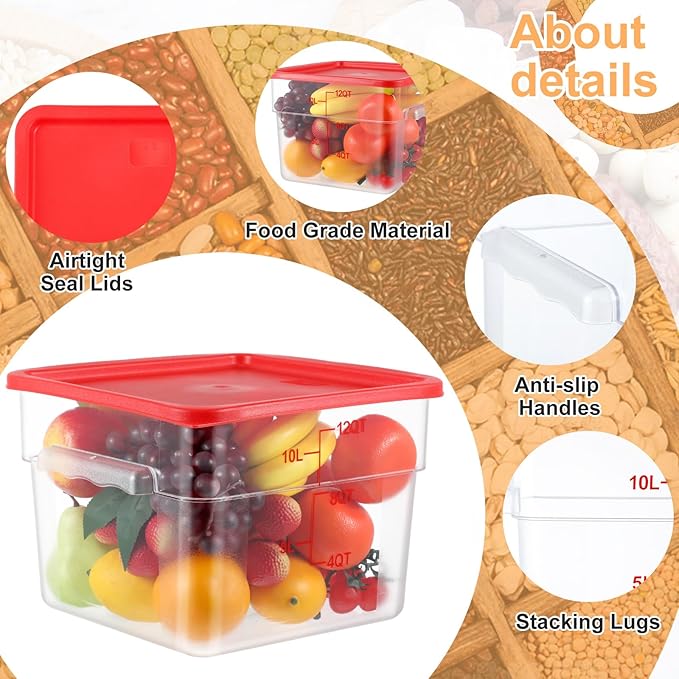 8 Sets Square Food Storage Containers with Lids Dough Proofing Bucket Commercial Polycarbonate Containers with Scale Clear Airtight Cereal for Pantry Home Restaurant (Red,12 Qt)