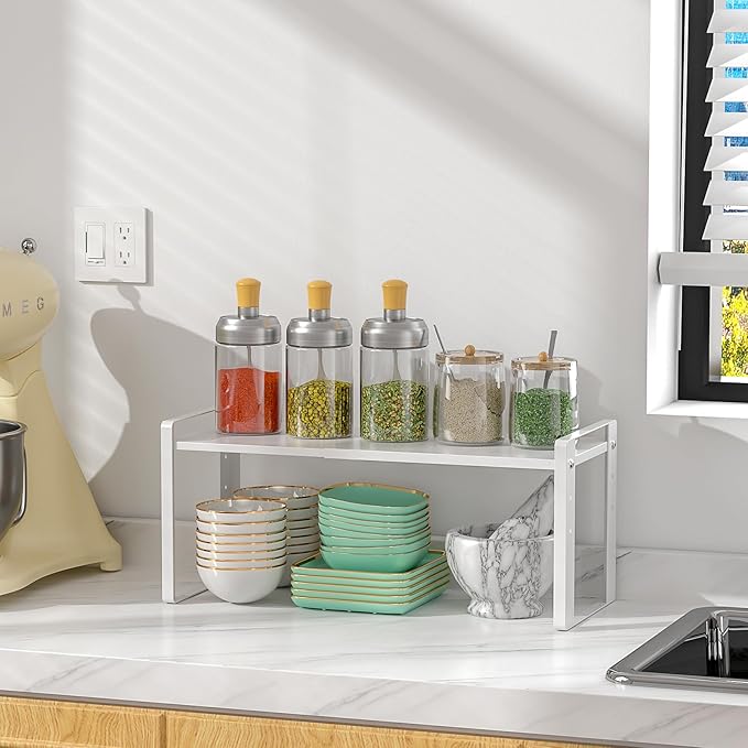 Astrorhine Expandable Cabinet Organizer Shelves, 88lbs High Weight Capacity, Heavy-Duty Metal Storage Rack, Adjustable Cabinet Shelf for Kitchen, Pantry, Cupboard, Under Sink, White, Patent Pending