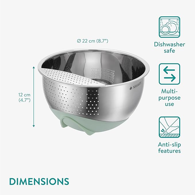 Navaris 22cm Stainless Steel Colander - Tiltable Sieve w/Front Strainer, Non-Slip Silicone Base - Metal Fruit Washer - Sieves and Strainers for Rice, Pasta, Food - Mint Green