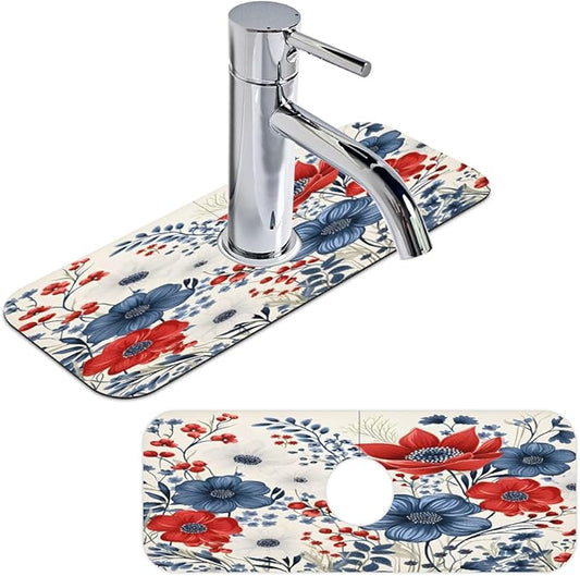 Patriotic Bloom Burst Kitchen Faucet Mat Splash Guard, 15.4”x5.7” Absorbent Quick Drying Sink Mat for Countertop Protection, Draining Mat Sink Protectors For Kitchen Bathroom, 2 Pack