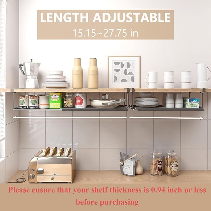 SHINEWON Expandable Under Cabinet Shelf, Extendable Under Shelf Storage with 0.94 Inches Thick Clips for Shoe Rack, Pantry Cabinet, Laundry Room. (Black, 1 Pack, Interior: 6" H x 8.26" D)