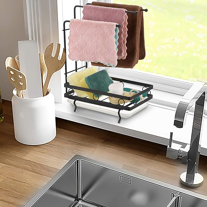 JUXYES Kitchen Sink Caddy Sponge Holder with Dishcloth Drying Rack, Kitchen Rag Stand Sponge Brush Soap Dish Dishcloth Rack Sink Storage Organizer for Kitchen Countertop (Black)