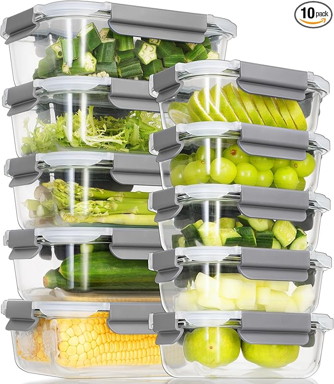10 Pack Glass Meal Prep Containers, Glass Food Storage Containers with Lids Airtight, Storage Container Set with Lid for Food, Bpa-free, Leak-proof, Microwave Oven Freezer Dishwasher Safe