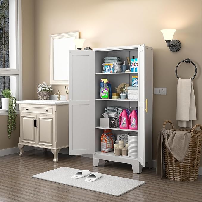 erosoei 61.02”H Pantry Storage Cabinet, Kitchen Storage Cabinets with Adjustable Feet and Shelves, Metal Pantry Cabinet for Kitchen, Living Room, Laundry Room and Dinning Room (2door-White)