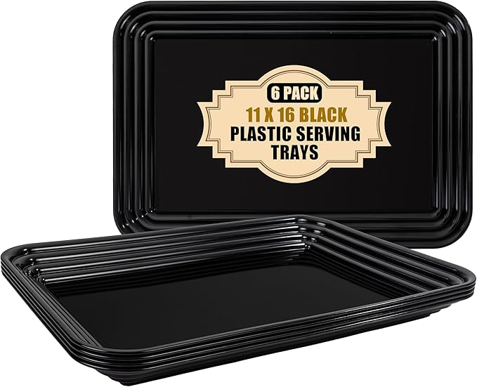 SUT 6-Pack Black Serving Trays for Entertaining-16 x 11" Serving Platters for Snacks, Fruit, Cookies Reusable Plastic Trays for Party