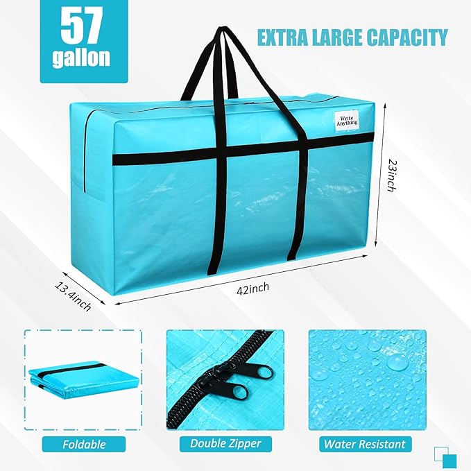 Windyun 4 Pack 57 Gallon Extra Large Moving Bags XXL Heavy Duty Storage Bag with Strong Zipper Handle Jumbo Big Tote Box Foldable for College Dorm Travel Clothes Duffle Blanket Pillow(Lake Blue)