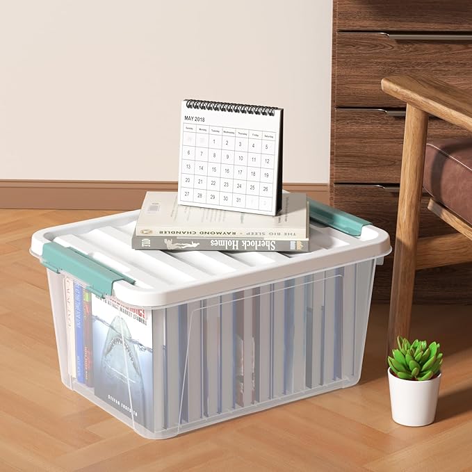Begale 6-Pack 20 L Plastic Storage Bins with White Lids, Clear Storage Box with Handle