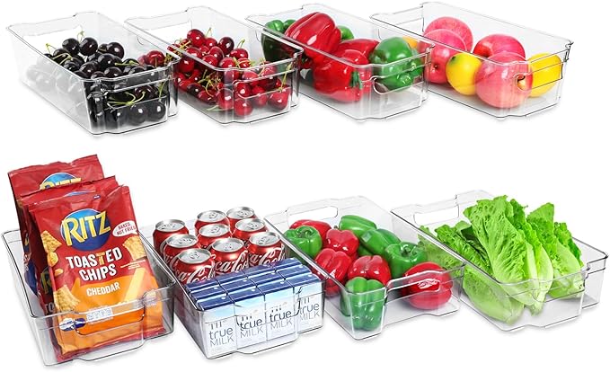 Fridge Organizer Bins Set of 8, Refrigerator Organizing Bins with Two Sizes, Home Kitchen Pantry Organizers and Storage Containers, Stackable Clear Plastic Storage Bin