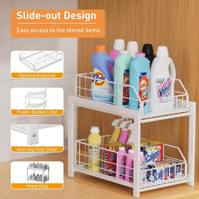 Lxmons 2 Tier Sliding Basket Drawer Organizer, Pull Out Under Sink Cabinets Organizers, Metal Home Shelf for Bathroom or Kitchen, Sliding Countertop or Pantry Storage Shelf, White