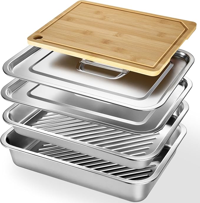 BLAZPATH 5-in-1 Grill Prep Trays and Carry System, Grilling Prep and Serve Trays, Stainless Steel BBQ Meat Marinating Container with Lid and Cutting Board, Large Grilling Meal Carrying Box Accessories