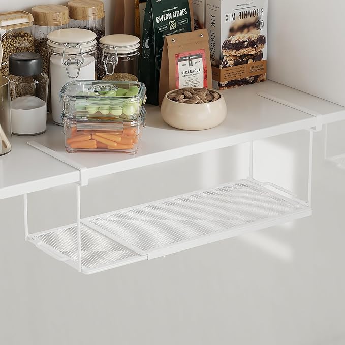 2 Pack Expandable Under Cabinet Shelf, Under Shelf Storage with 0.94 Inches Thick Clips for Kitchen Cupboard, Metal Hanging Under Desk Basket for Laundry Room, Shoe Rack
