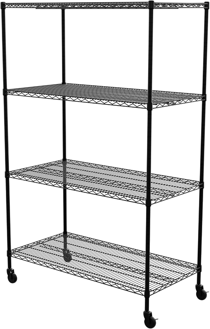 SafeRacks - NSF Certified Storage Shelves, Zinc, Heavy Duty Steel Wire Unit with Wheels and Adjustable Feet, Garage or Bakers Rack, Kitchen, Pantry Shelf - (24"x48"x72" 4-Tier) (Black)