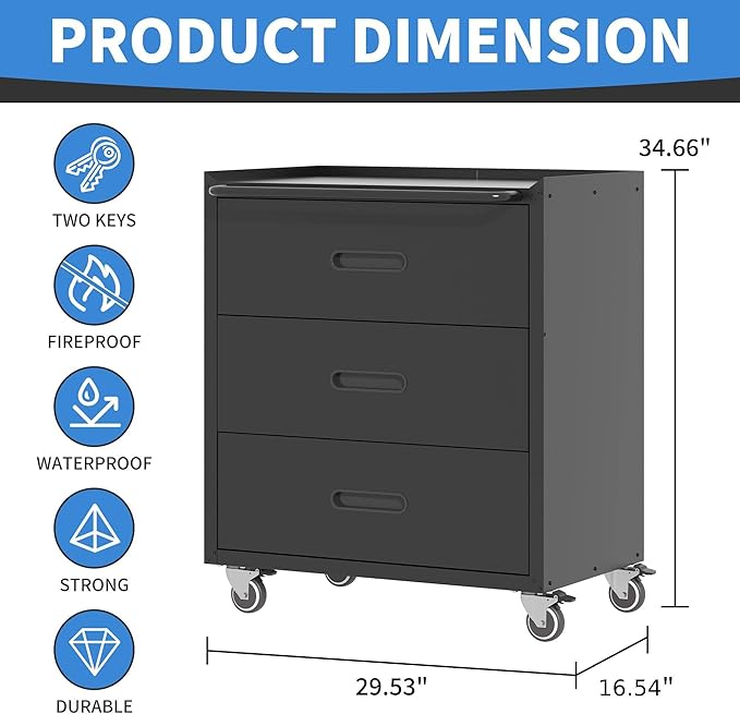 BIZOEIRON Metal Storage Cabinet with Wheels, Garage Storage Cabinet with 3 Drawers, Rolling Tool Cabinet, Assembly Required, Black