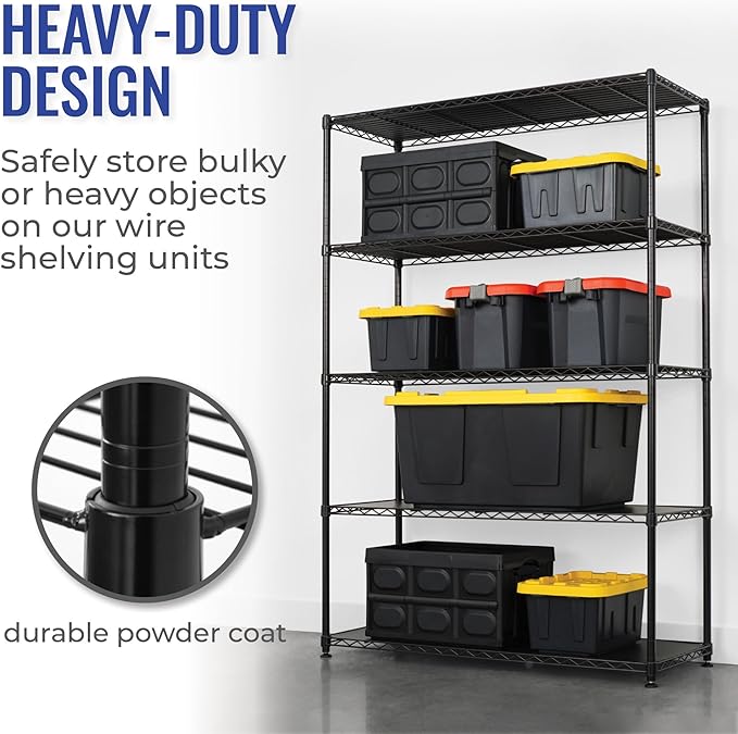 SafeRacks - NSF Certified Storage Shelves, Zinc, Heavy Duty Steel Wire Unit with Adjustable Feet, Garage or Bakers Rack, Kitchen, Pantry Shelf - (48"x18"x72" 5-Tier) (Black)
