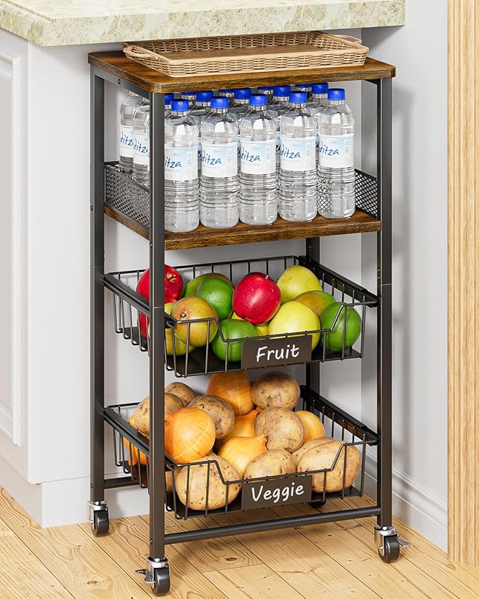 Giwil Vegetable Fruit Basket for Kitchen Pantry Organizers Storage, 4-Tier Utility Rolling Cart on Wheels with Wood Rack and Drawer Wire Baskets for Onions Potatoes Snacks, Black