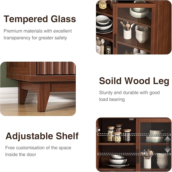 FiveWillowise Kitchen Pantry Cabinet with Glass Doors - Arched Design, Solid Wood Legs, Artistic Fluted Door, Adjustable Shelves, 70.8" Curved Storage Cabinet for Kitchen, Dining Room
