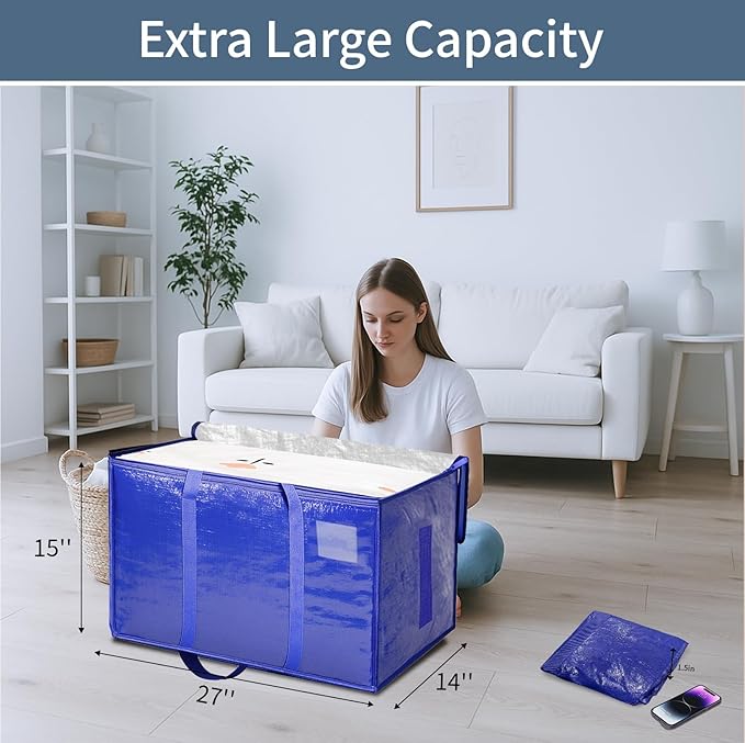 4 Pack-Extra Large Heavy Duty Moving Bags - Waterproof Storage Totes with Handles & Zippers, Foldable for College Dorm, Storage (Blue)