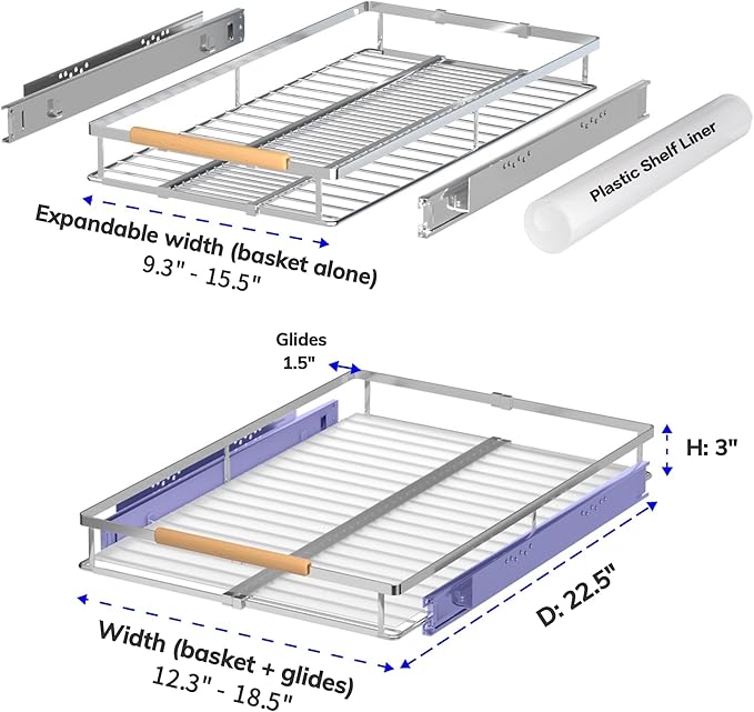 KIKIBRO Pull Out Drawer Cabinet Organizer, Expandable Slide Out Storage Shelves - Heavy Duty, Durable and Smooth Slide-Out, 12.3"~18.3" Wide x 22.5" Deep, 2 Pack