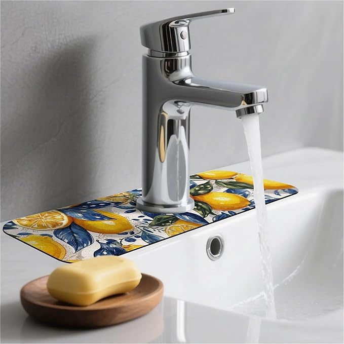 Kitchen Sink Splash Guard，Bright lemon Faucet Mat Sink Gadgets-Super Absorbent Fast Drying Mat Drip Catcher for Kitchen, Bathroom,Sink Mat, Dish Drying Mat, Bathroom(15" X 5.5" )