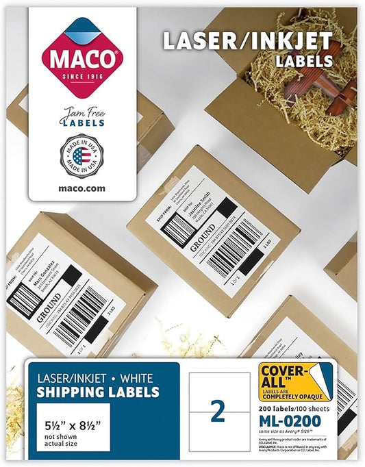 Cover-All Printable Labels for Shipping - Laser/Ink Jet Compatible Shipping Labels, 2 per Sheet, 5-1/2" x 8-1/2", Box of 100 Pages/200 Labels, White
