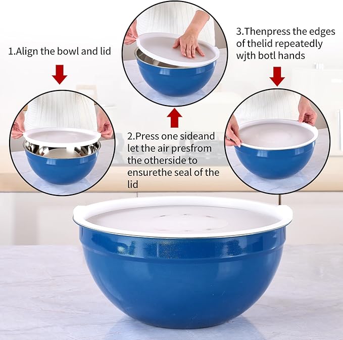 LKTDYMEG Blue Mixing Bowls with Lids Set of 7, Stainless Steel Nesting Bowl with Khaki Lid for Non-slip Mixing Prepping Storing Serving, 7 Sizes-7/3.6/2.7/2.1/1.5/1/0.8 QT