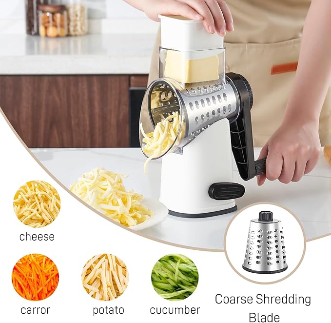 Weltonhm Rotary Cheese Graters with 4 Blades, Hand Crank Cheese Grater with Waffle Slicer, Red, Black and White Cheese Shredder with Suction Base, Easier for Shredding & Grating (White, 4 Graters)