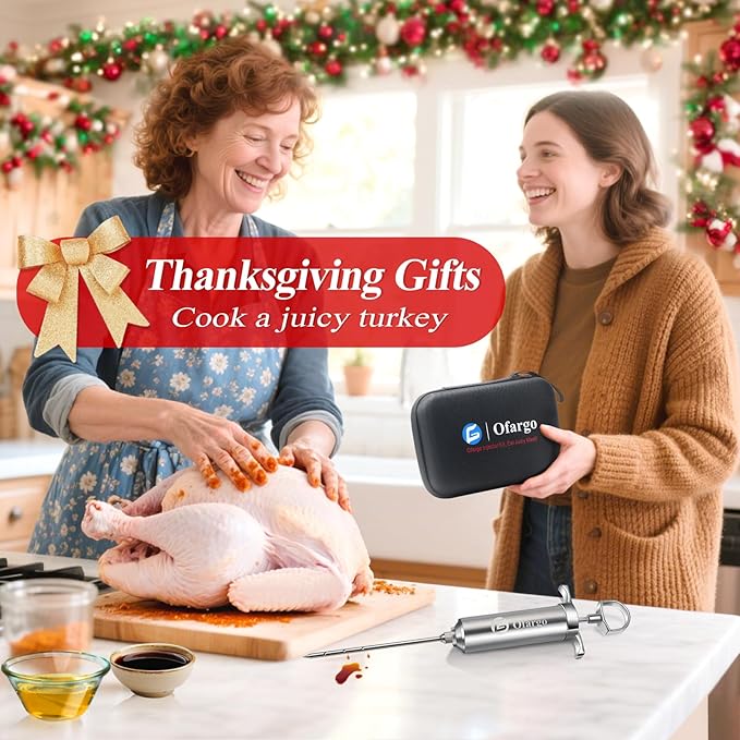 Ofargo Stainless Steel Meat Injector Syringe with 4 Marinade Needles and Travel Case for BBQ Grill Smoker, Valentines Day Gifts for Men Dad Gusband Him