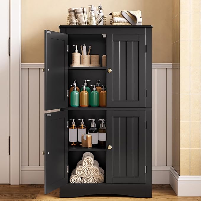 Gizoon 43" Kitchen Pantry Cabinet, Freestanding Floor Cabinet with Adjustable Shelves and 4 Magnetic Doors, Bathroom Storage Unit, for Kitchen, Living Room, Black